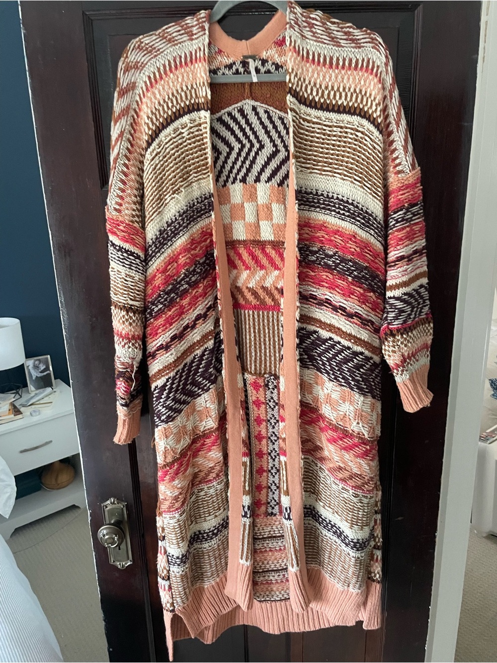 Free People Peach Multi Long Open-Front Patterned Cardigan
